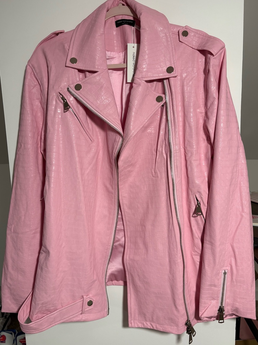 naked wardrobe Pink Croc-Embossed Moto Jacket